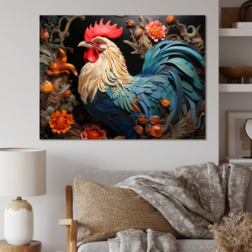 Blue Rooster With Orange Flowers - Rooster Canvas Wall Art